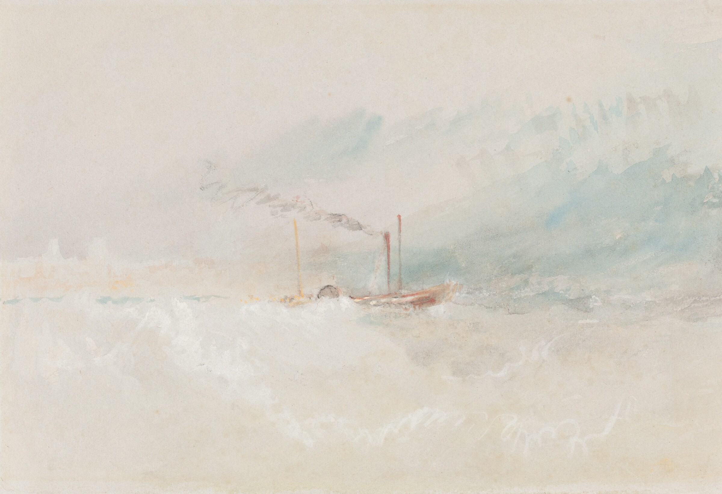 A Packet Boat off Dover, c. 1836 — watercolor and gouache with touches of black chalk on gray wove paper, laid down