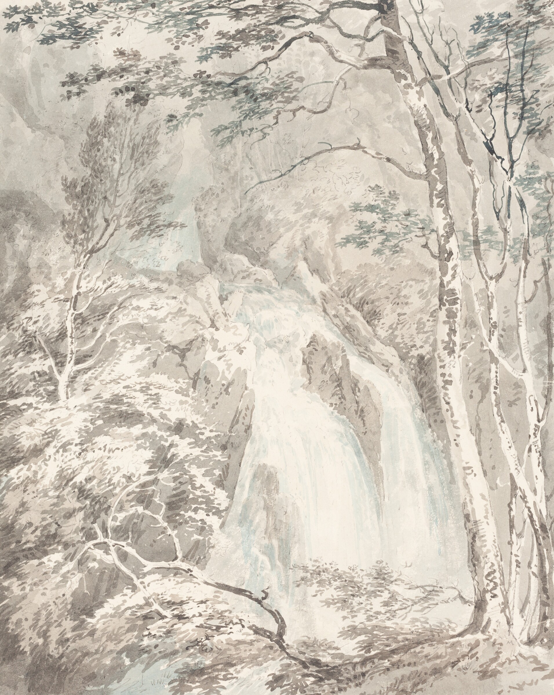A Waterfall, 1795/1796 — graphite with blue and gray wash, laid down on old album sheet