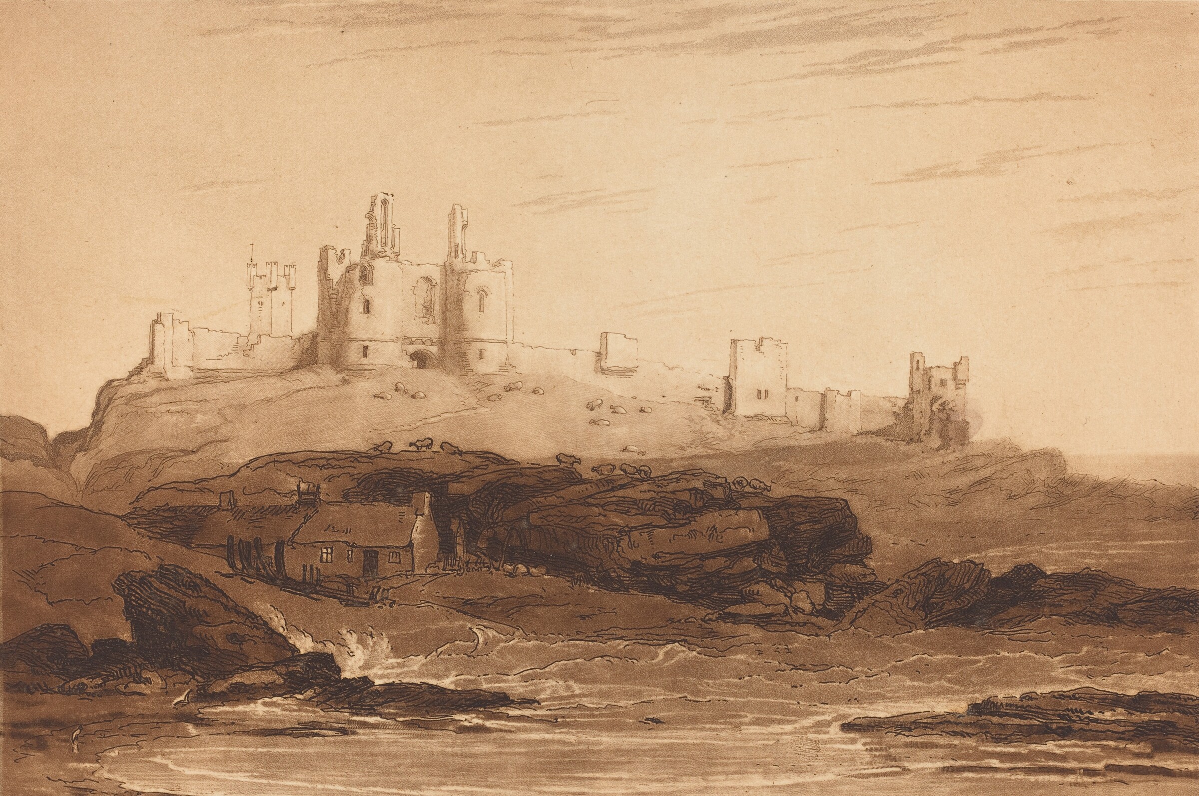 Dunstanborough Castle, published 1808 — etching, aquatint and mezzotint